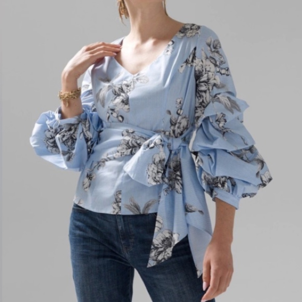White House Black Market Floral Poplin Wrap Blouse Puff Sleeves Size 8 - Picture 10 of 10